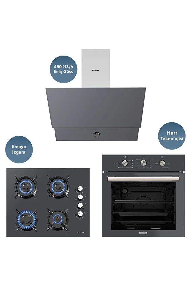 Dizayn Antrasit Cam Ankastre Set